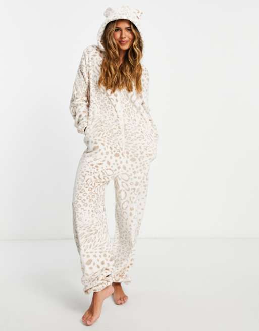 Loungeable - Onesie soffice leopardato in tonalità neutra