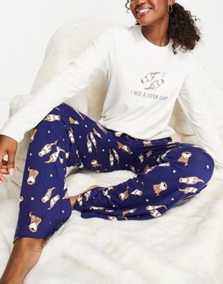 Loungeable otter long pyjama set in cream and navy