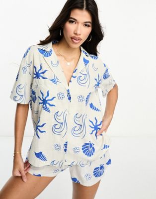Loungeable oversized boxy shirt and longline short set in blue retro print