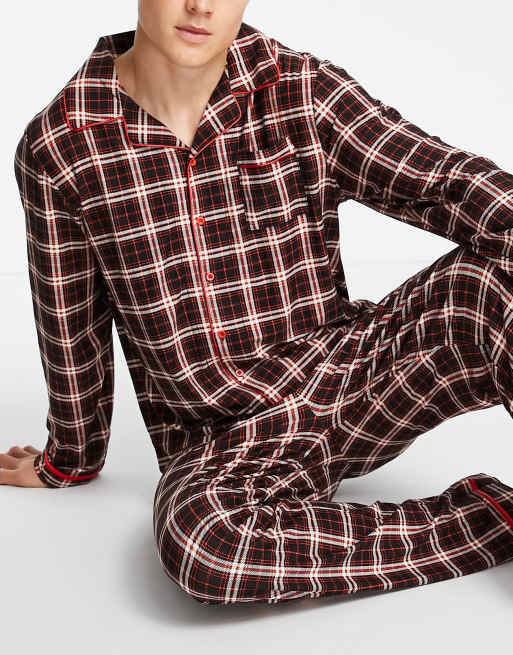 Pocket Top & Tartan Drawstring Pants Pajama Set