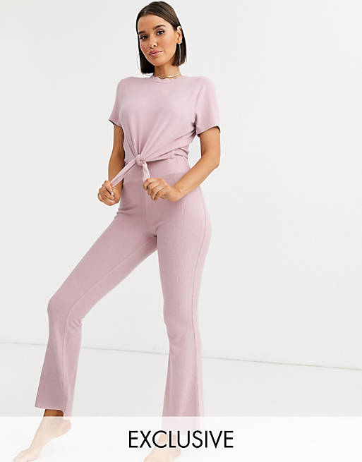 Loungeable - Pantaloni a zampa mix & match rosa a coste