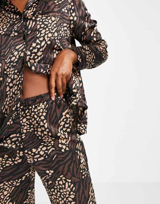 Loungeable - Pantaloni del pigiama in raso animalier scuro in coordinato, 3 di 4