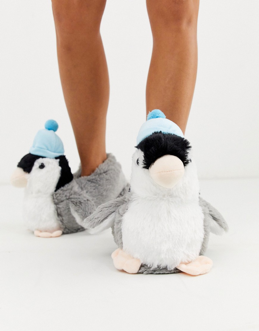 Loungeable - Pantofole grigie con pinguino con berretto e pompon-Grigio