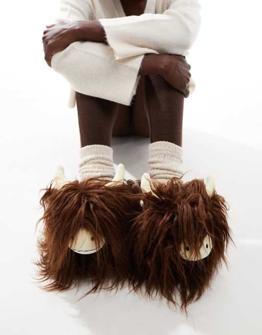 Loungeable - Pantofole multicolore a forma di mucca highlander con pelo lungo