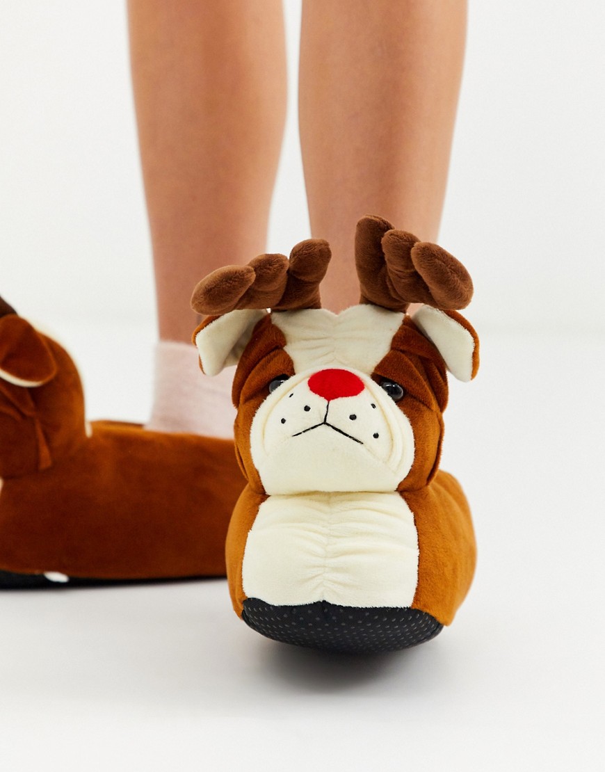 Loungeable - Pantofole natalizie marroni con bulldog con corna di cervo-Marrone