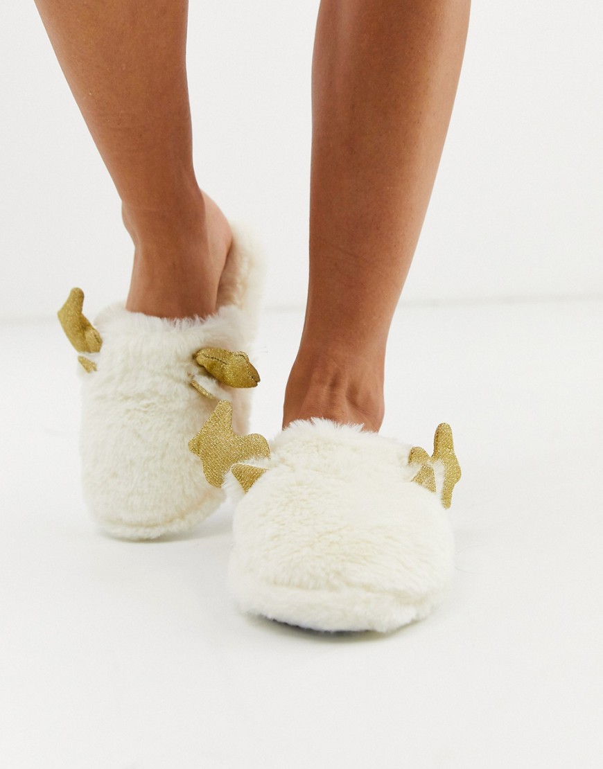 Loungeable - Pantofole soffici con renne e corna brillantinate-Bianco