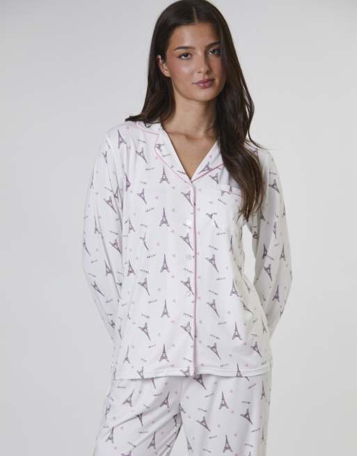 Loungeable Paris ooh lala printed traditional long sleeved pyjamas in ...
