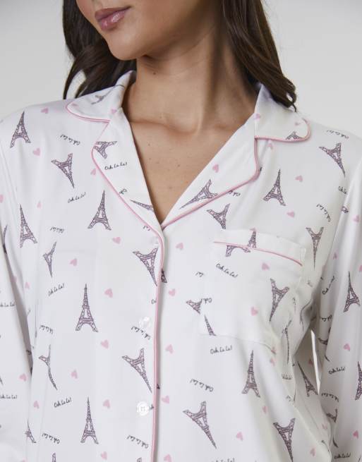 Loungeable Paris ooh lala printed traditional long sleeved pyjamas in ...