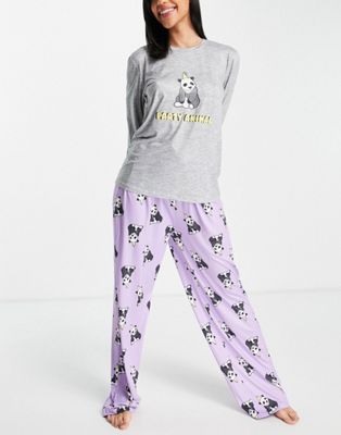 Loungeable party panda pyjama set in grey and purple