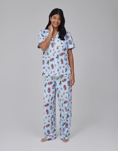 Loungeable Pasta food graphic shirt and trouser pj set in blue - view 1