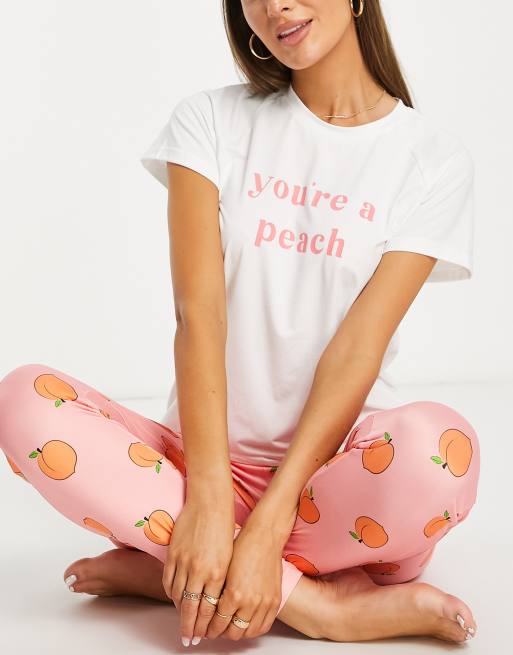 Womens Cute Pajama Sets Fall Winter Long Sleeve Crew Neck Tops with Pants  Pj Suit Peach Print Fleece Loungewear