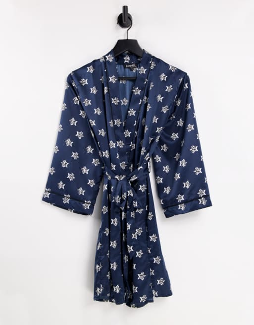 Loungeable - Peignoir en satin à imprimé zébré et étoile - Bleu marine