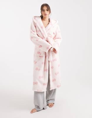 Loungeable - Peignoir long à capuche confort en imitation peau de mouton avec nauds - Crème et rose-Blanc