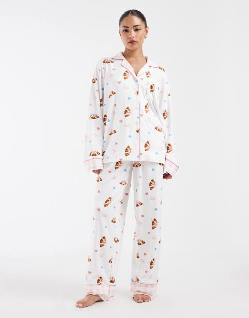 Loungeable Petite camp collar button up shirt and pants pajama set in croissant and bow print, 2 of 4