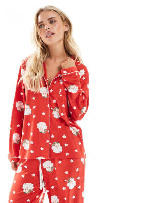 Loungeable Petite Christmas Super Soft Jersey Camp Collar Top And Wide Leg Pajama Set In Red