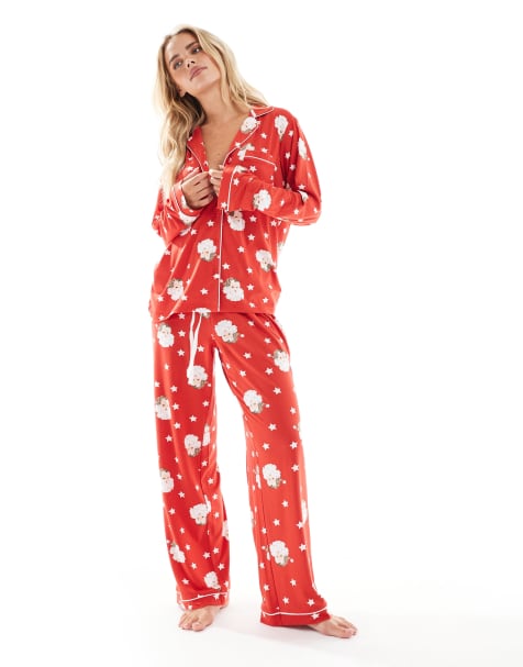 Loungeable Petite Christmas super soft jersey revere top and wide leg pyjama set in red santa print - view 1