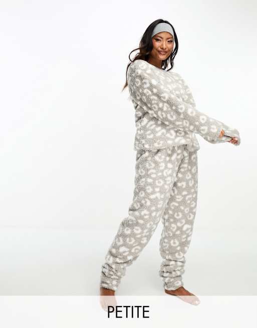 Loungeable Petite cosy sherpa twosie nightwear set in grey animal