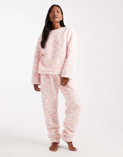 Loungeable Petite cozy teddy two-piece sleepwear set in pink leopard - view 1