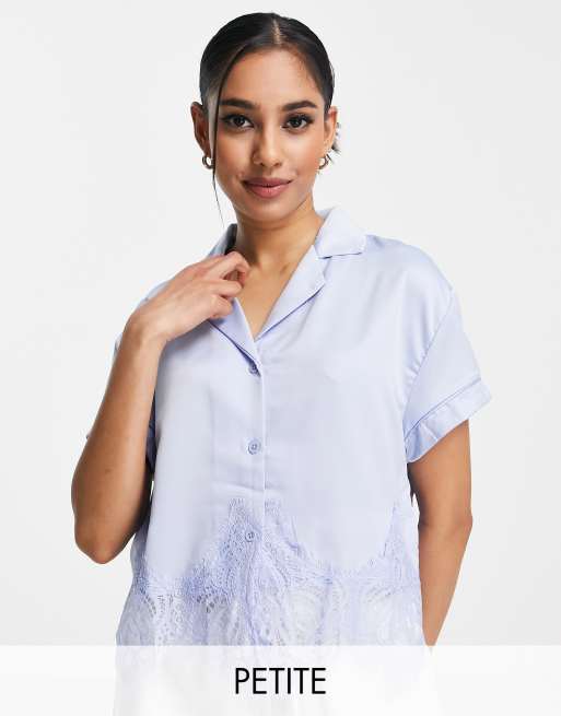 Loungeable Petite mix and match satin and lace pajama top in pale blue