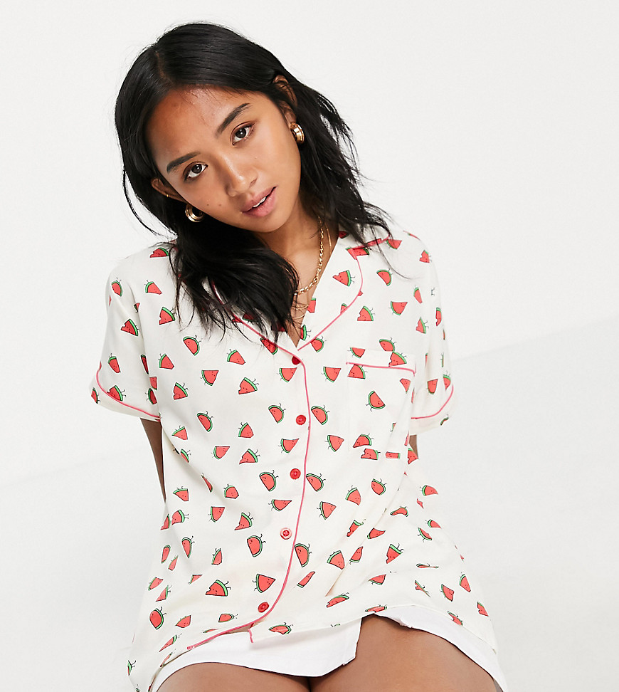 Loungeable Petite polycrepe pajama shirt in watermelon print-Multi