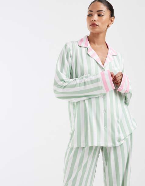 Loungeable Petite revere button up shirt and trouser pyjama set in pink and green stripe - view 1