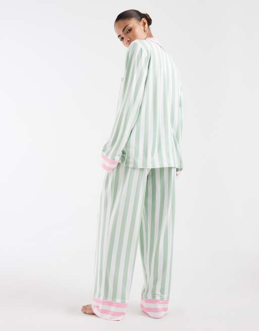 Loungeable Petite revere button up shirt and trouser pyjama set in pink and green stripe, 4 of 4
