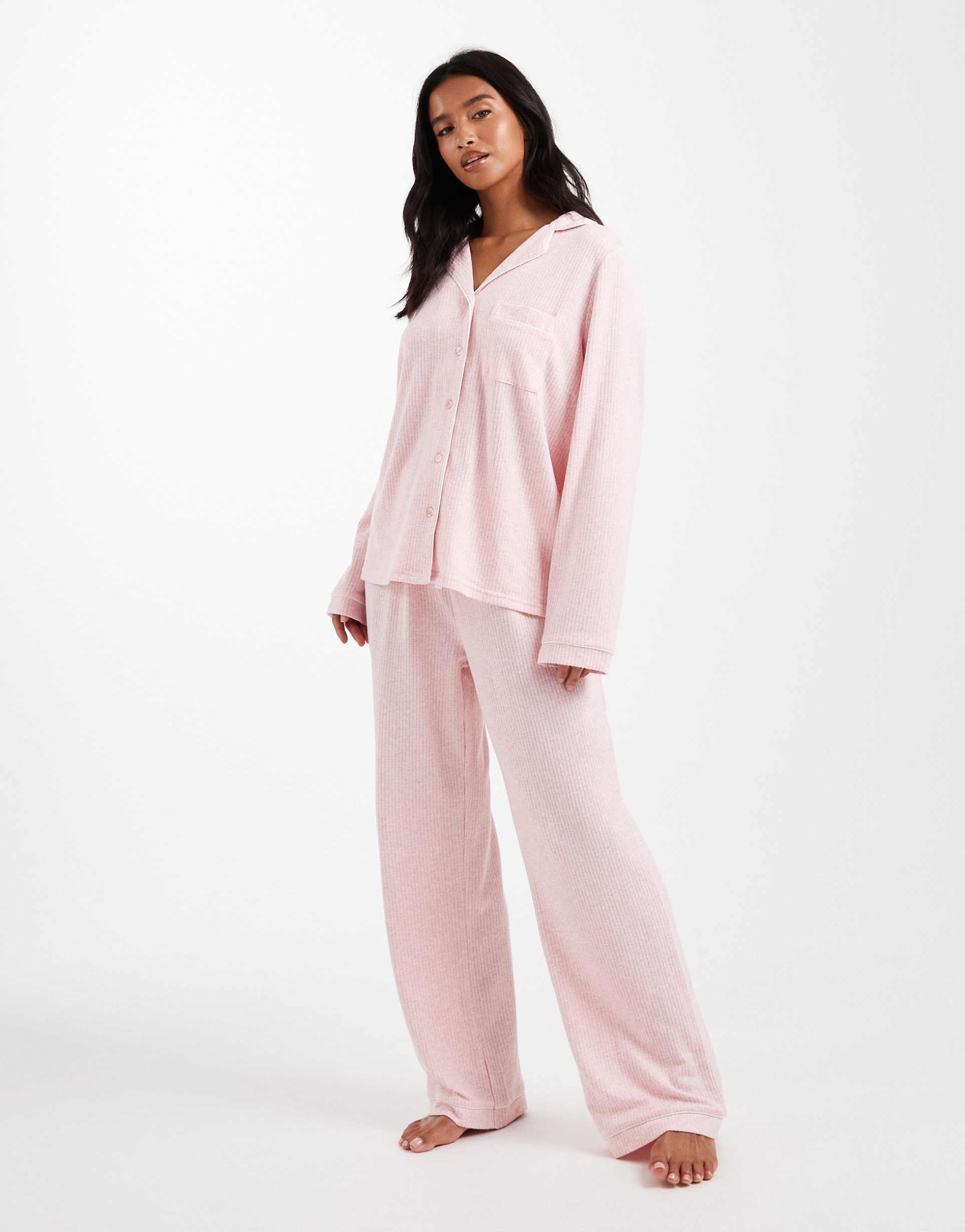loungeable petite ribbed revere top and wide leg pajama set with piping detail in pink melange