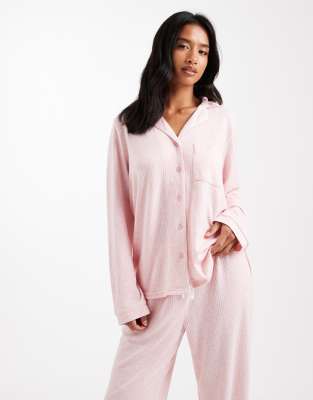 Loungeable Petite Ribbed Revere Top And Wide Leg Pajama Set With Piping Detail In Pink