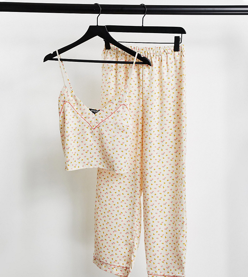 Loungeable Petite satin cami long pajama set in cream ditsy floral print-White