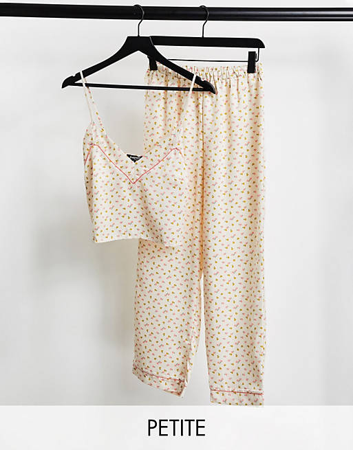 Loungeable Petite satin cami long pyjama set in cream ditsy floral print