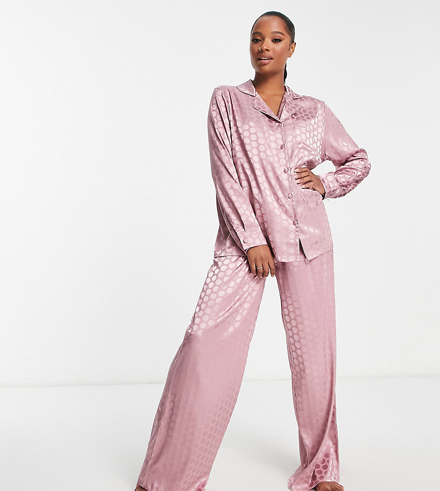 Loungeable Petite satin jacquard spot revere pajama set in rose-Pink