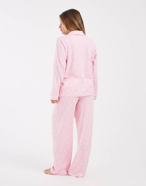 Loungeable Petite set pigiama con top e pantaloni in jersey morbidissimo con rever a pois rosa, 3 di 4