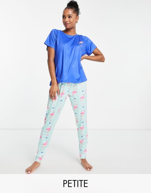 Loungeable Petite skating flamingo legging pajama set in blue ASOS