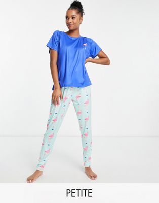 Loungeable Petite skating flamingo legging pyjama set in blue