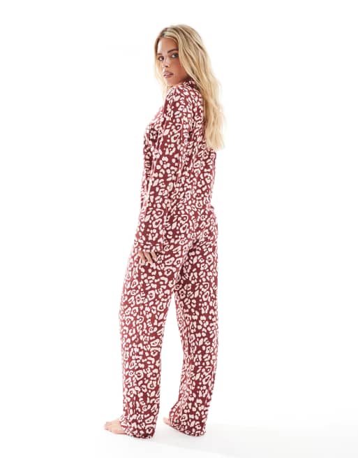 Loungeable Petite super soft jersey camp collar pajama set with piping detail in red leopard print