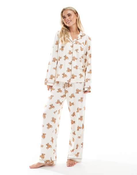 Loungeable Petite super soft jersey camp collar top and wide leg pajama set with piping detail in teddy print - view 1