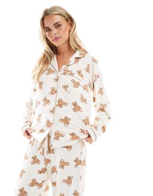 Loungeable Petite Super Soft Jersey Camp Collar Top And Wide Leg Pajama Set With Piping Detail In Multi