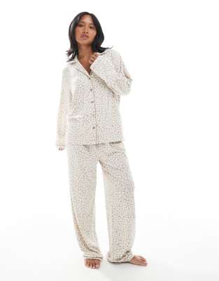 Loungeable Petite Super Soft Jersey Camp Collar Top And Wide Leg Pajama Set With Piping Details In Neutral