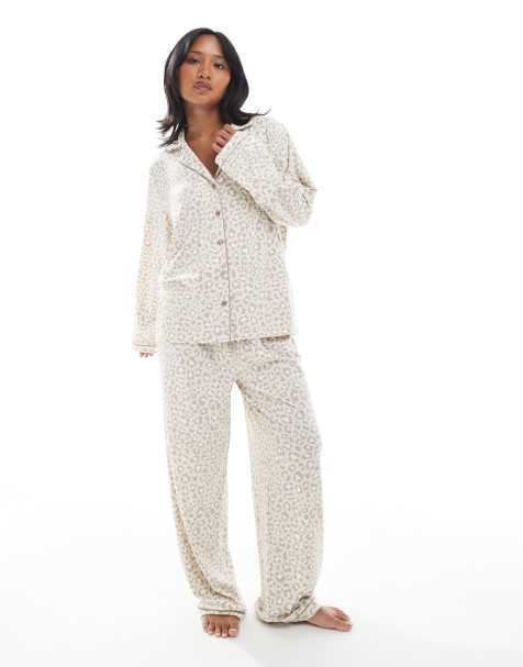 Loungeable Petite super soft jersey camp collar top and wide leg pajama set with piping details in neutral leopard - view 1