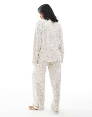 Loungeable Petite Super Soft Jersey Camp Collar Top And Wide Leg Pajama Set With Piping Details In Neutral