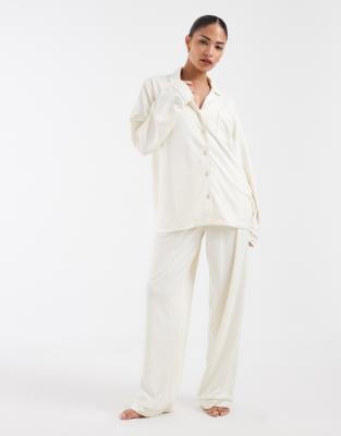 Loungeable Petite Super Soft Jersey Camp Collar Top And Wide Leg Pants Pajama Set In White