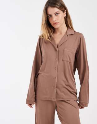 Loungeable Petite Super Soft Jersey Camp Collar Top And Wide Leg Pants Pajama Set With Piping Details In Brown