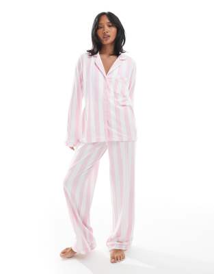 Loungeable Petite Super Soft Jersey Camp Collar Top And Wide Leg Pants Pajama Set With Piping Details In Multi