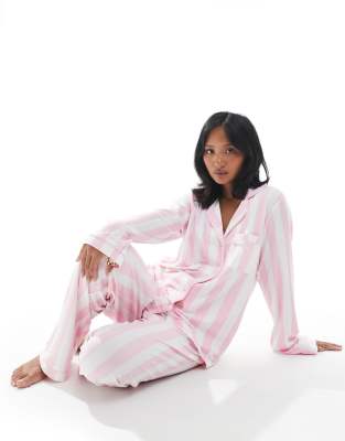 Loungeable Petite Super Soft Jersey Camp Collar Top And Wide Leg Pants Pajama Set With Piping Details In Multi