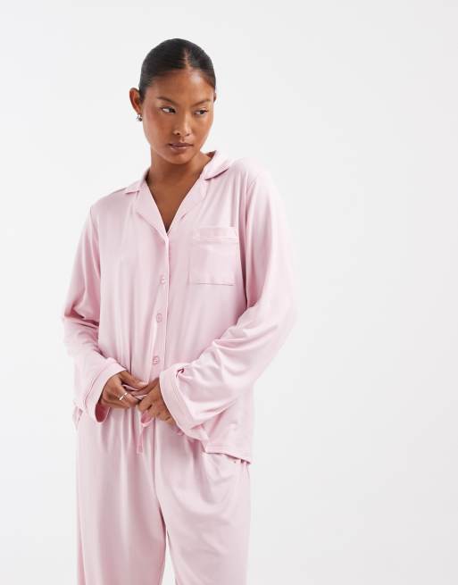 Loungeable Petite super soft jersey revere top and wide leg pyjama set in pink, 2 of 4