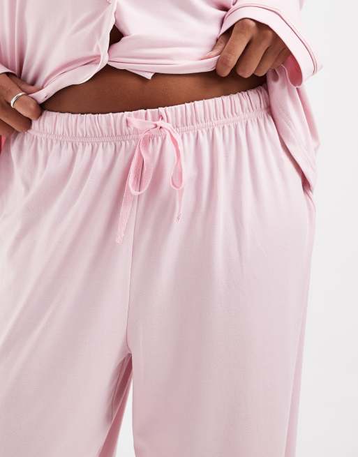 Loungeable Petite super soft jersey revere top and wide leg pyjama set in pink, 4 of 4