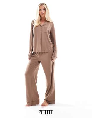 Loungeable Petite Loungeable Petite super soft jersey revere top and wide leg pyjama set with piping detail in cappuccino-Brown