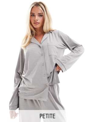 Loungeable Petite Loungeable Petite super soft jersey revere top and wide leg pyjama set with piping detail in grey marl