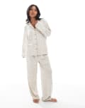 [Loungeable Petite] Loungeable Petite super soft jersey revere top and wide leg pyjama set with piping detail in neutral leopard 14 BEIGE