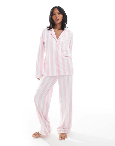 Loungeable Petite super soft jersey revere top and wide leg pyjama set with piping detail in pink stripe - view 1